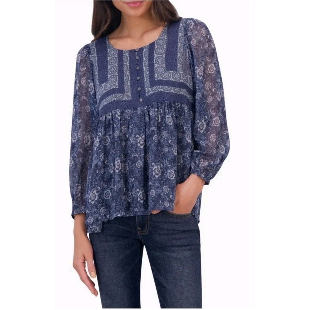 Lucky Brand Women's Bohemian Blouse Round Neck‎ Long Sleeve Blue Size XL